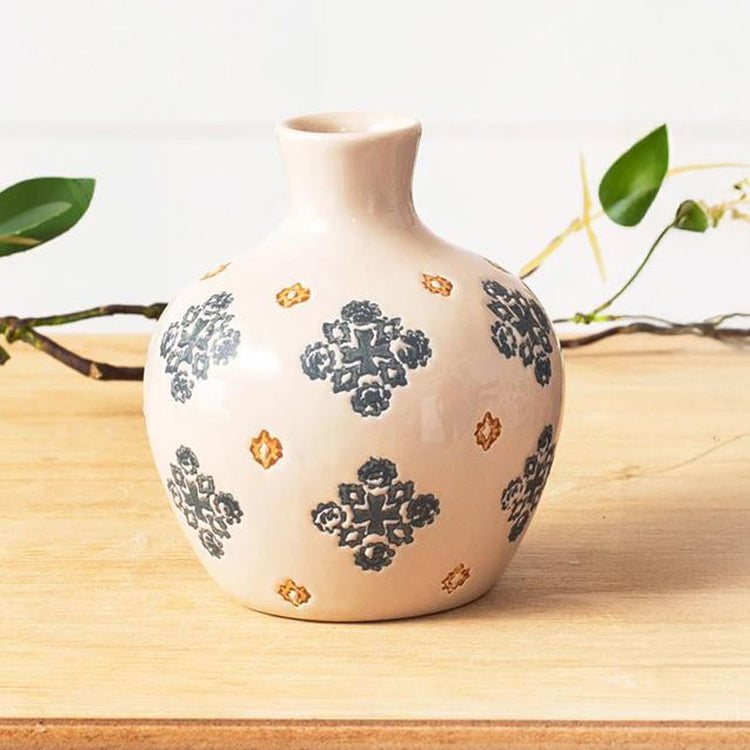 Blue Floral Motif Vase - Tall White 