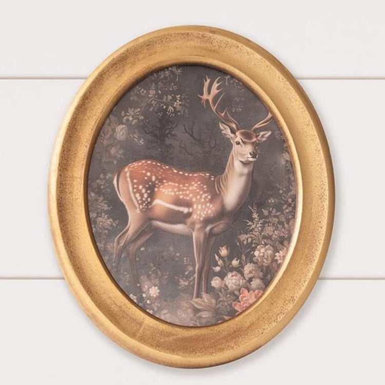 Round Framed Print Gold Forest Deer 