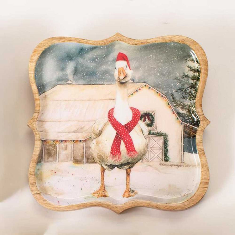 Mango Wood Tray Snowy Yuletide Goose 
