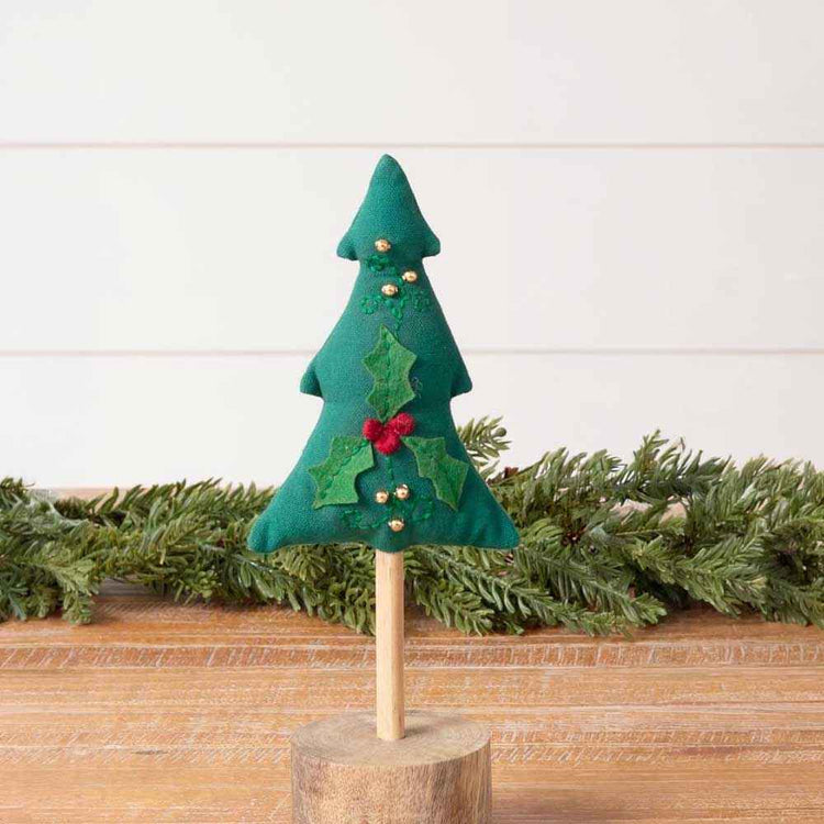Green Embroidered Tree with Wood Base 