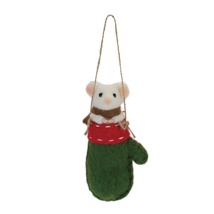 green mouse in mitten ornament