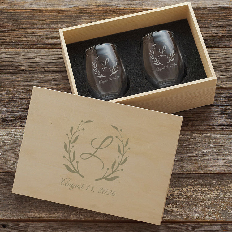 Couples Signature Etched 2-Piece Wine Set in Personalized Wood Box 