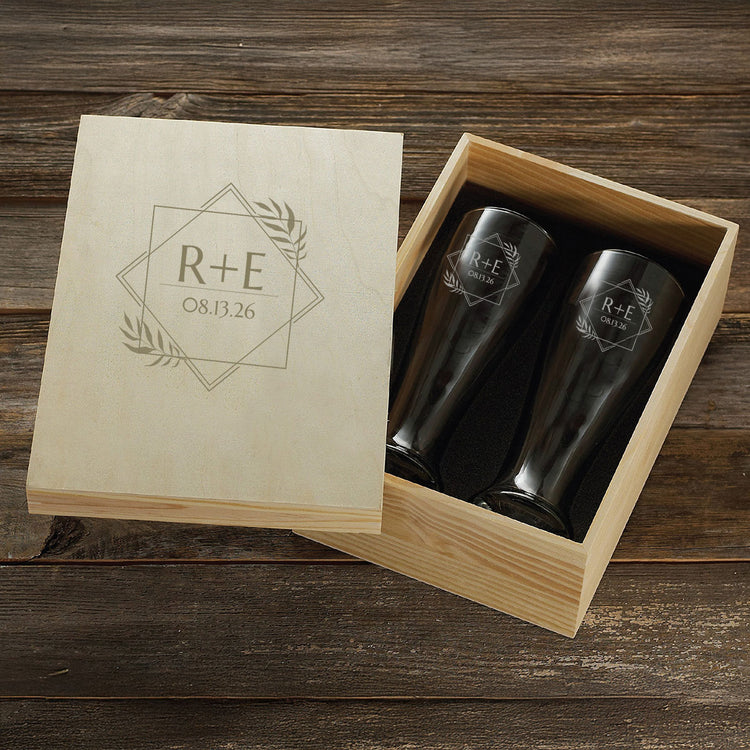 Couples Signature Etched 2‑Piece Pilsner Glass Set in Personalized Wood Box