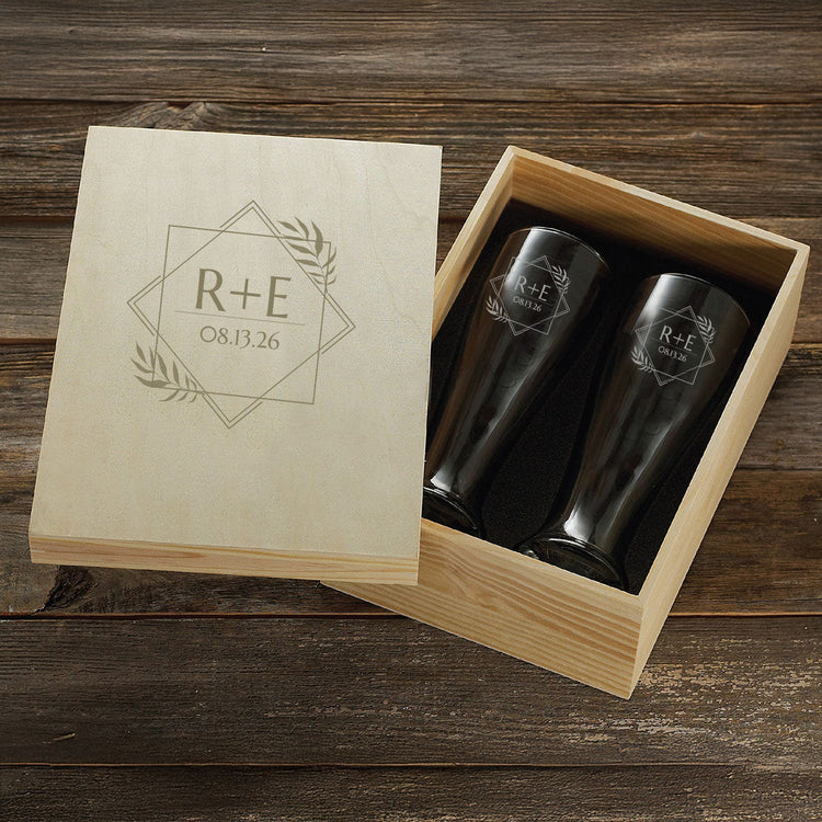 Couples Signature Etched 2‑Piece Pilsner Glass Set in Personalized Wood Box