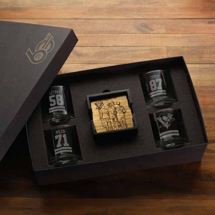 Limited Edition Pittsburgh Penguins 60th Season Big 3 Rocks Glass & Bronze Coaster Set 