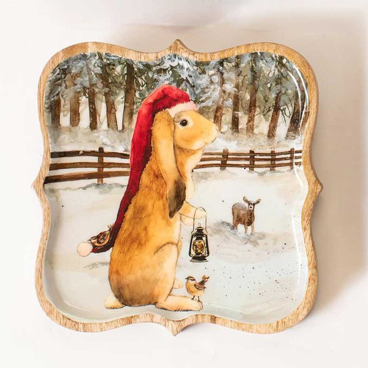 Mango Wood Tray Snowy Yuletide Rabbit In Santa Hat 