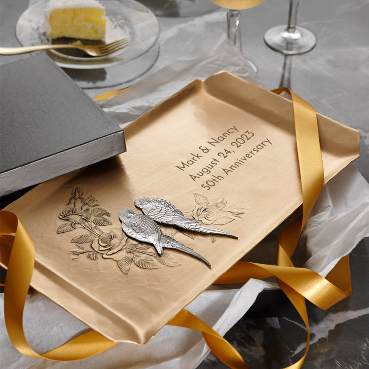 Love Birds Mixed Metal Hostess Tray (Bronze) - Wendell August Forge