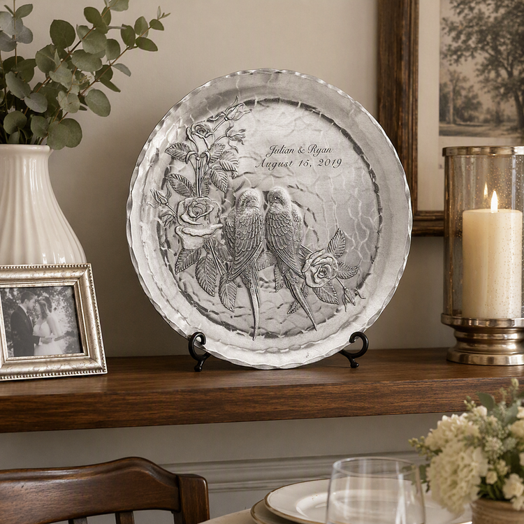 Personalized Aluminum Love Birds Wedding or Anniversary Plate 