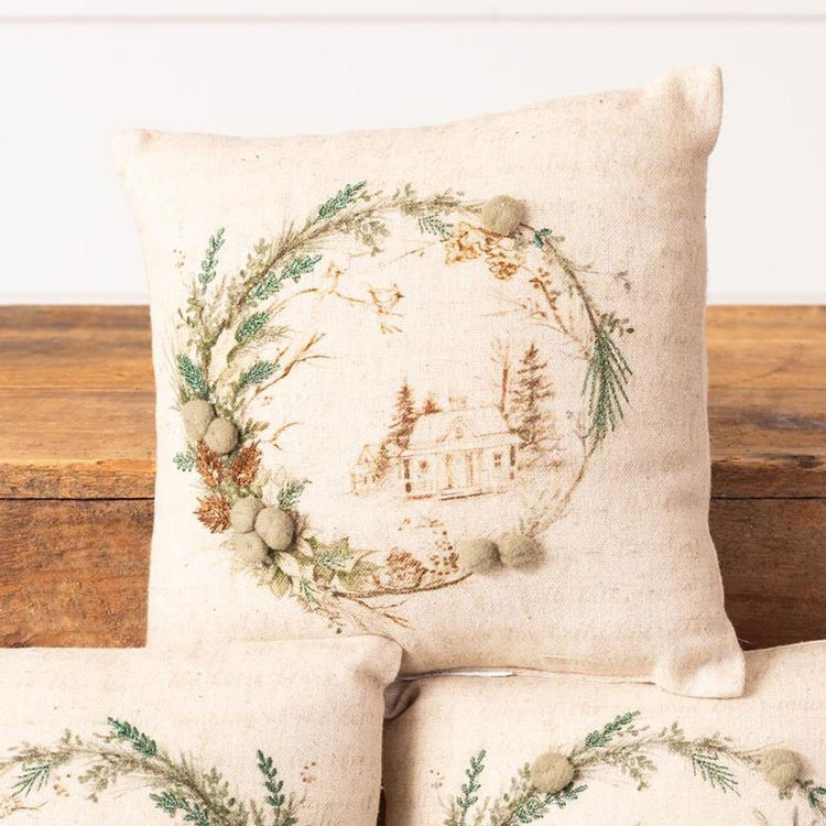 Mini Pillow Holly And Ivy Embroidered Cottage
