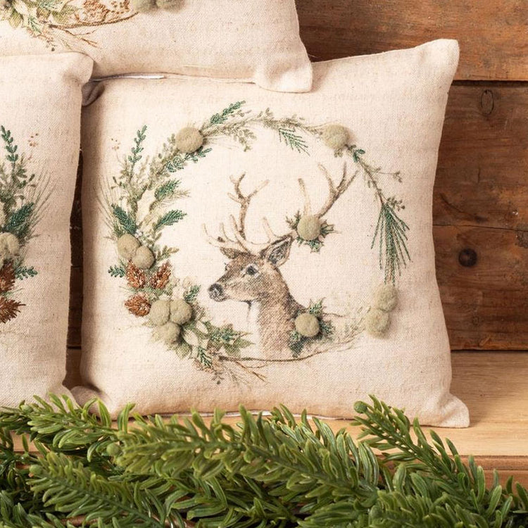 Mini Pillow Holly And Ivy Embroidered Deer