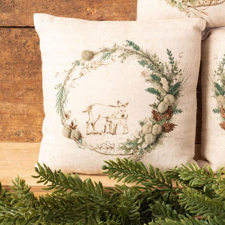 Mini Pillow Holly And Ivy Embroidered Fawn
