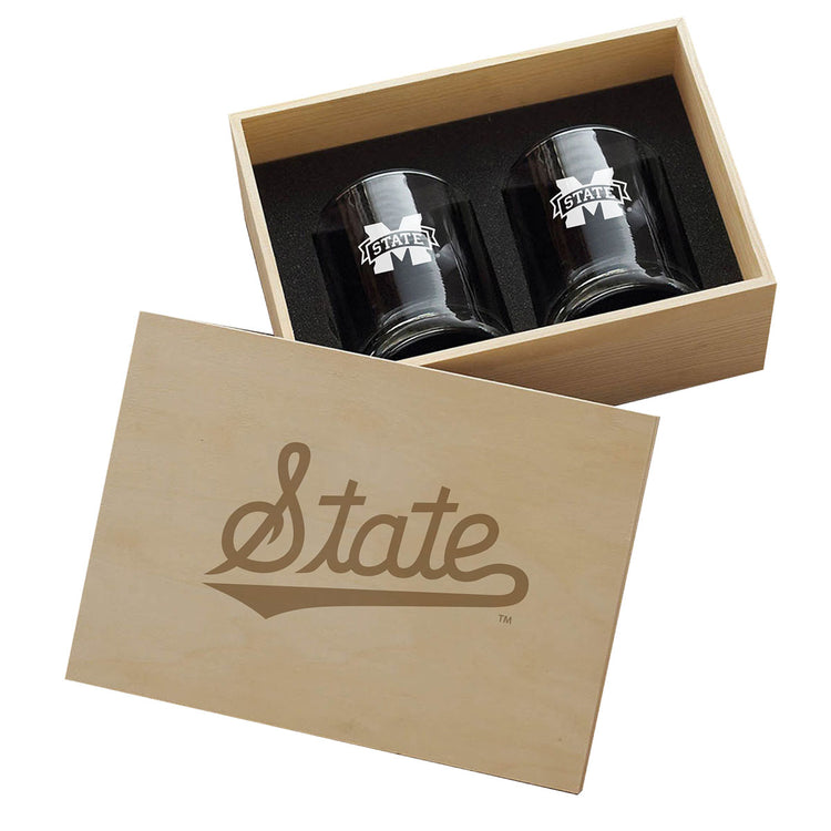 Mississippi State Bulldogs 2-Piece Etched Rocks Glass Set in Collectors Box