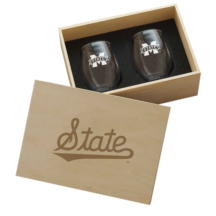 Mississippi State Bulldogs 2-Piece Etched Wine Glass Set in Collectors Box
