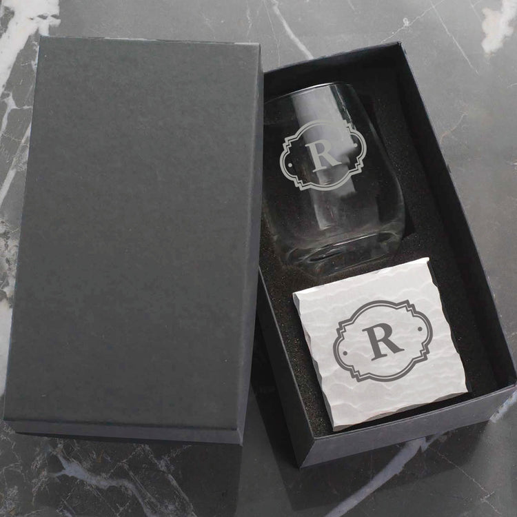 Initial Wine Glass and Coaster Duo