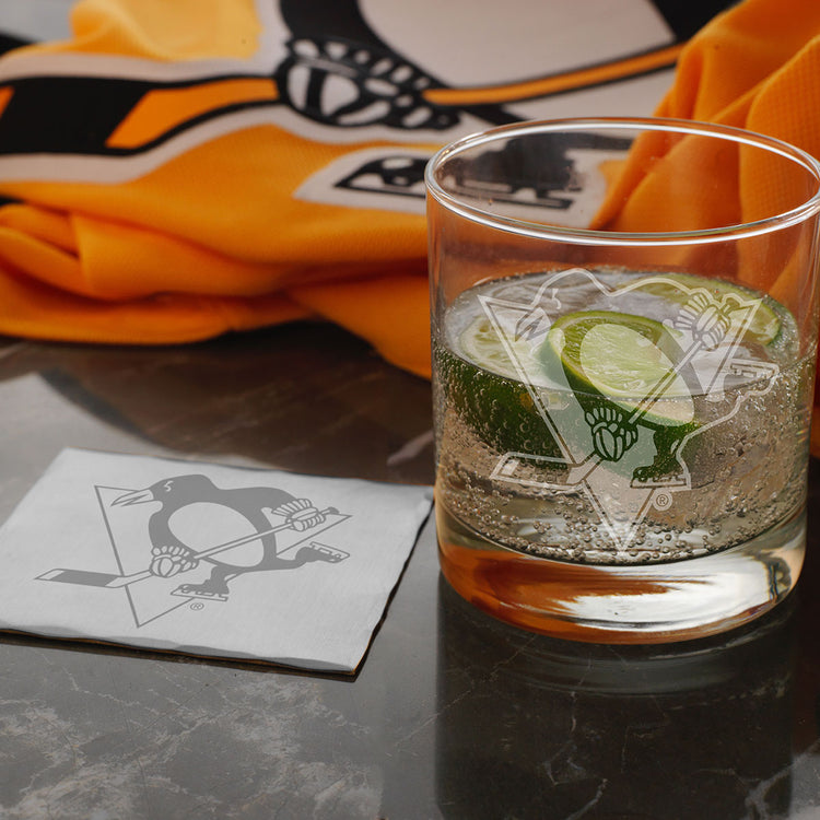Pittsburgh Penguins Etched Rocks Glass and Square Coaster Set