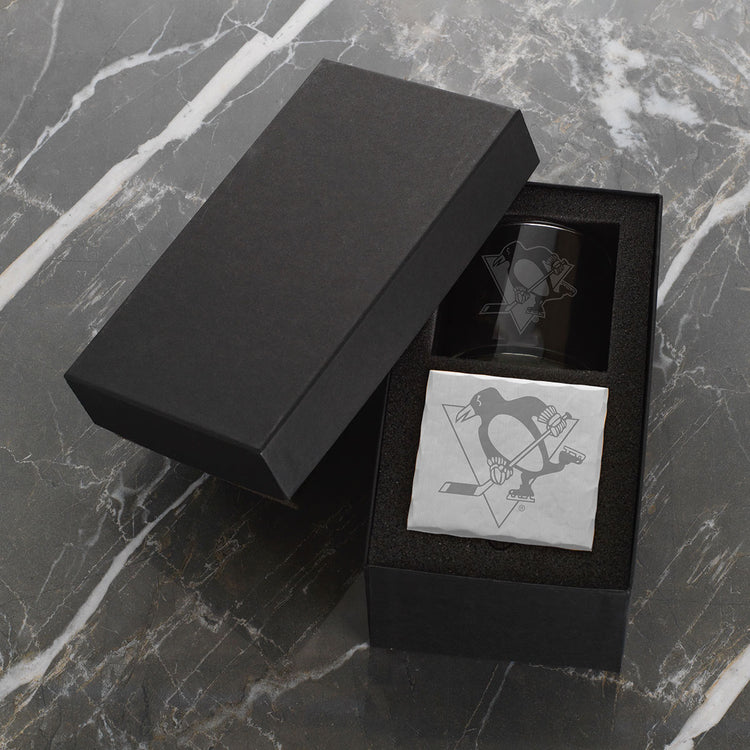 Pittsburgh Penguins Etched Rocks Glass and Square Coaster Set