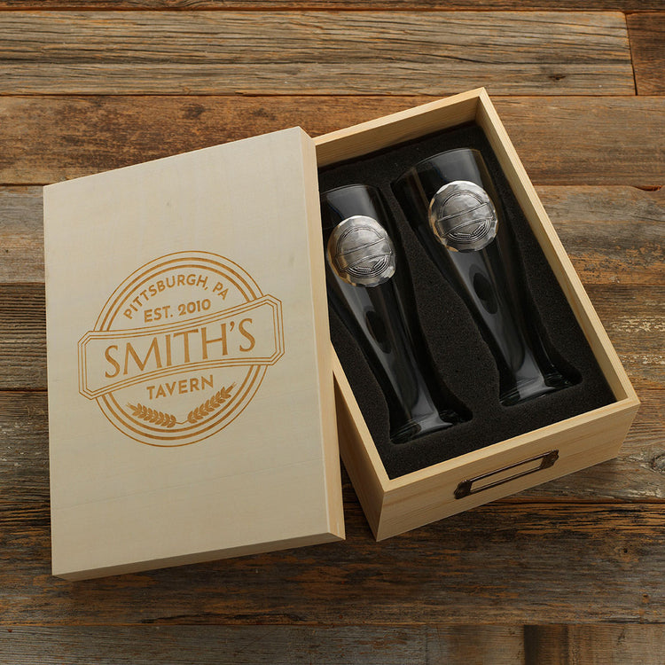 Personalized Pub 2-Piece Pilsner Set in Wood Box 