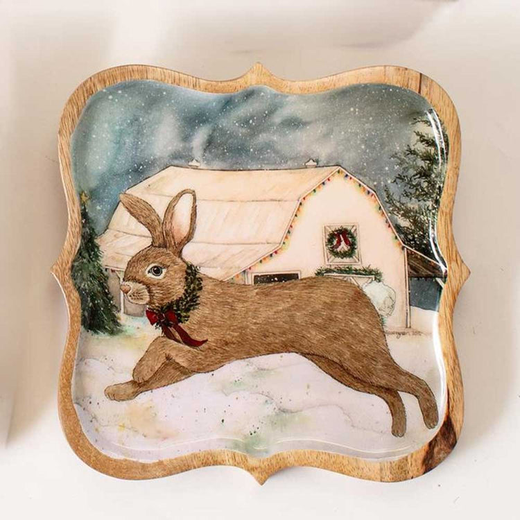 Mango Wood Tray Snowy Yuletide Brown Rabbit 