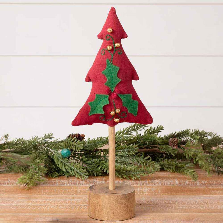 Red Embroidered Tree with Wood Base 