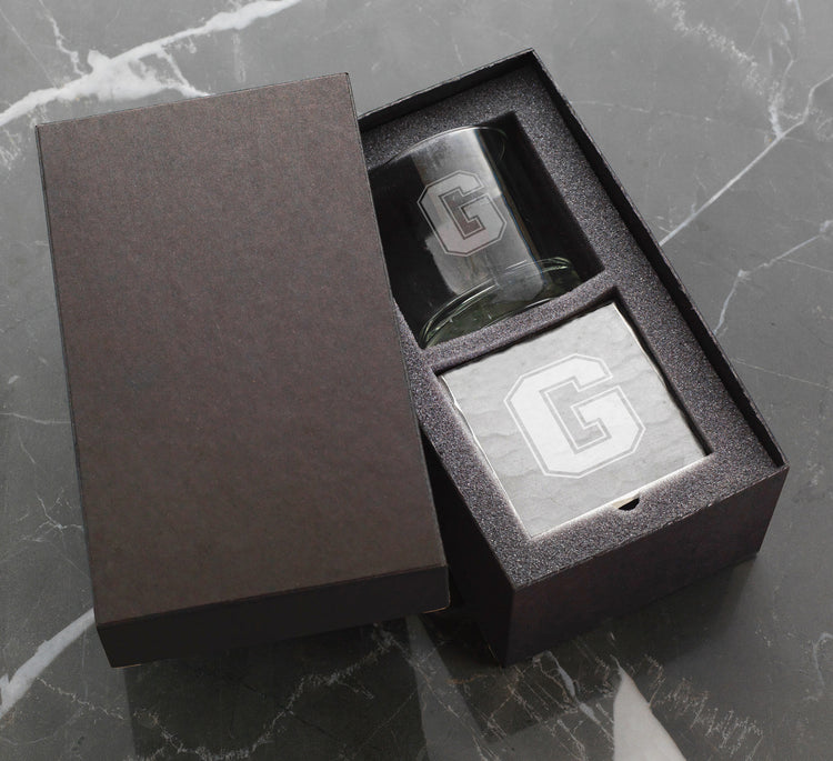 Grove City College Etched Rocks Glass and Square Coaster Set