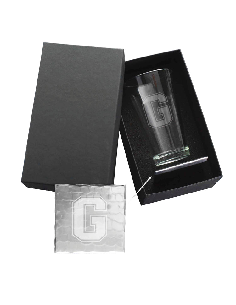 Grove City College Etched Pint Glass with Square Coaster Set