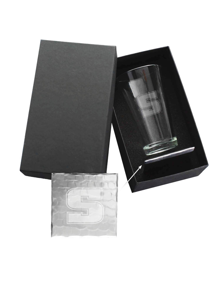 Slippery Rock University Etched Pint Glass with Square Coaster Set 