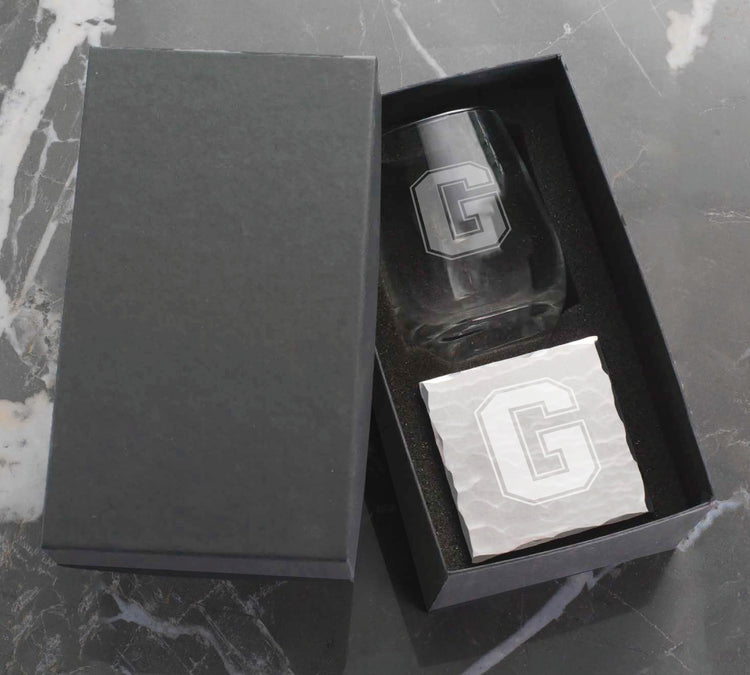 Grove City College Etched Wine Glass and Square Coaster Set