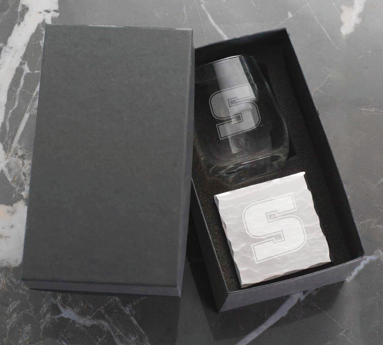 Slippery Rock University Etched Wine Glass and Square Coaster Set 