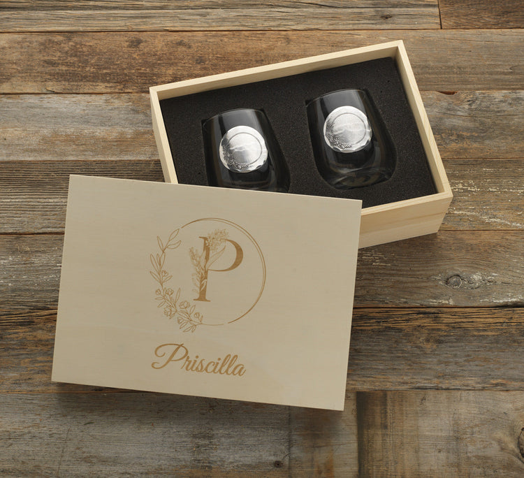 Floral Initial 2-Piece Wine Glass Set in Wood Box 