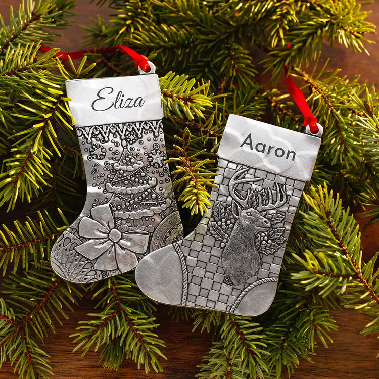 Personalized Christmas Tree  and Deer Stocking Ornament - Wendell August Forge