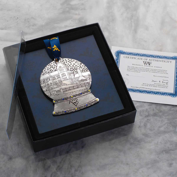 WVU 2026 Erickson Alumni Center Snow Globe Ornament