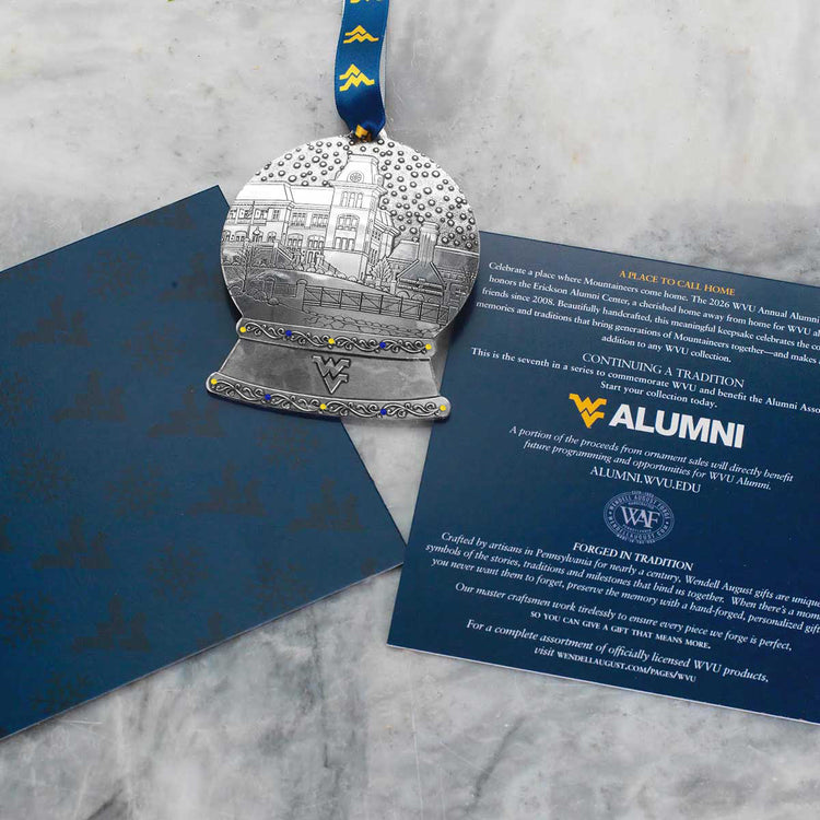 WVU 2026 Erickson Alumni Center Snow Globe Ornament
