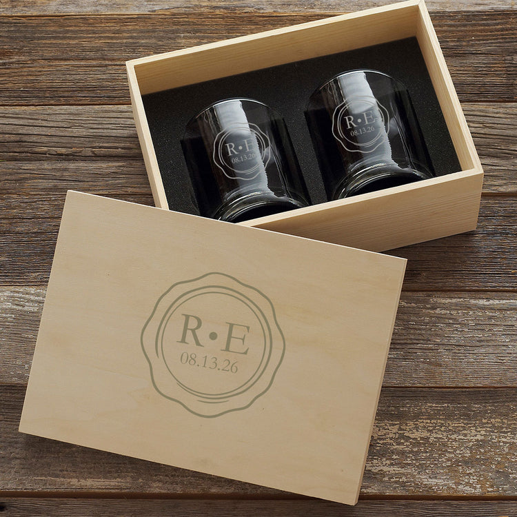 Couples Signature Etched 2‑Piece Rocks Glass Set in Personalized Wood Box