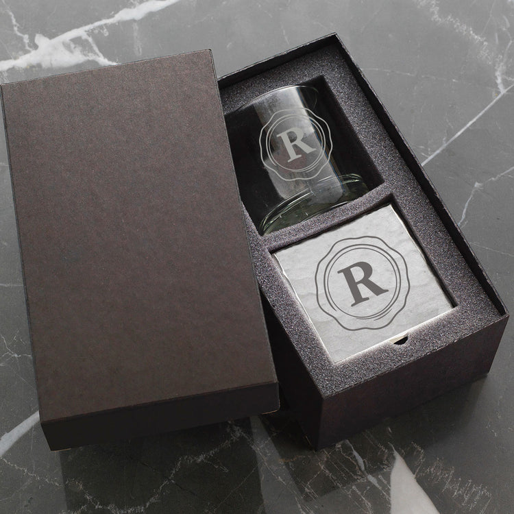 Initial Rocks Glass and Coaster Duo
