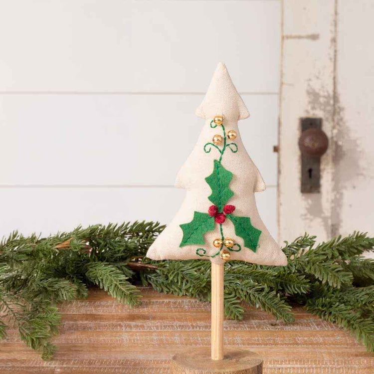 White Embroidered Tree with Wood Base 