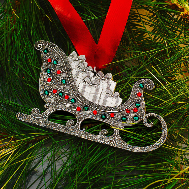 Yuletide Sleigh Ornament with Crystals (Aluminum)