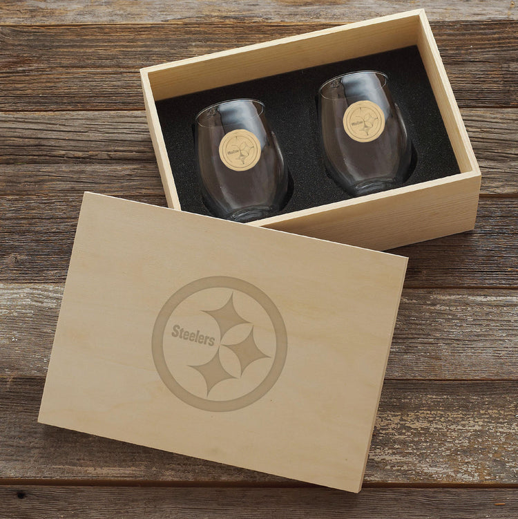 Pittsburgh Steelers 2-Piece Stemless Wine Glass Set with Collectible Box (Bronze)