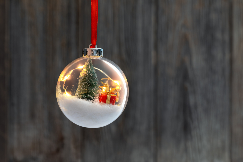 Clear Christmas ornament with decorations inside
