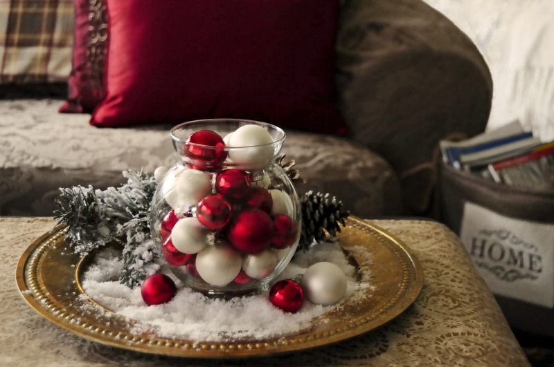 Serving tray holiday decoration on side table